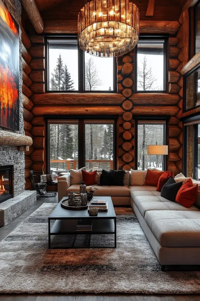 Sleek Log Home Lounge Space