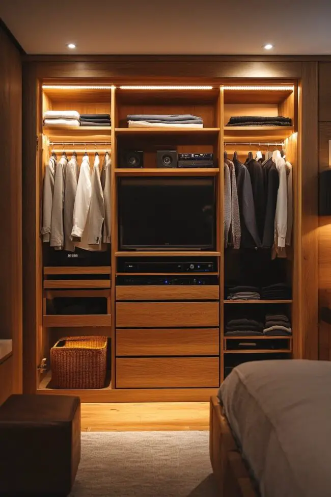 Warm Wood Closet with Stylish Lighting