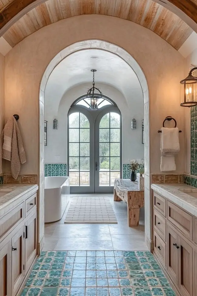 Mediterranean-Inspired Archway Restroom Design